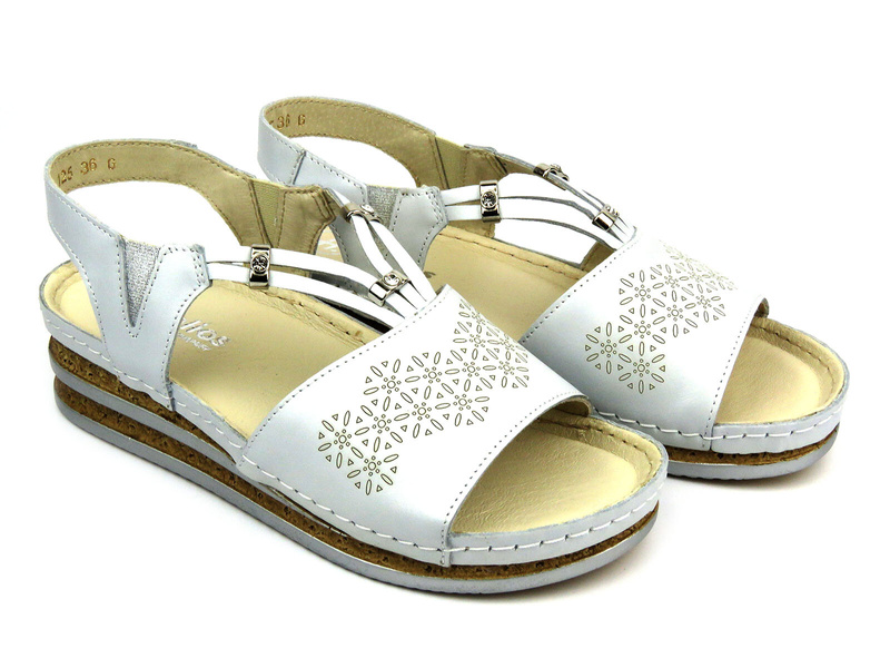 Skórzane sandały damskie na delikatnym koturnie - HELIOS Komfort 125, srebrne