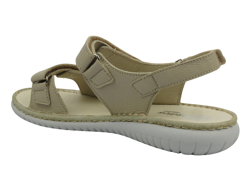 Skórzane sandały damskie na rzepy - Helios Komfort 794S, kremowe