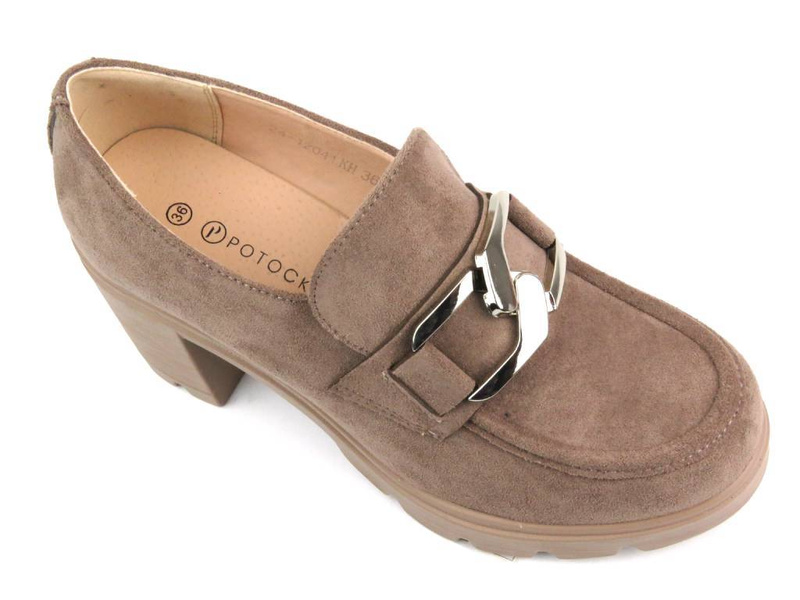 Czółenka, półbuty damskie na obcasie - Potocki 24-12041, khaki
