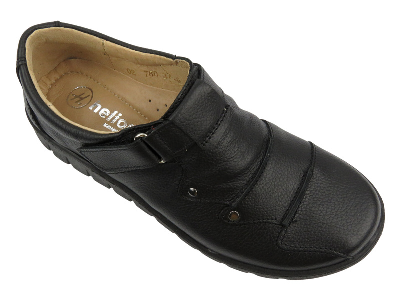 Skórzane półbuty damskie zapinane na rzep - Helios Komfort 780-2S, czarne