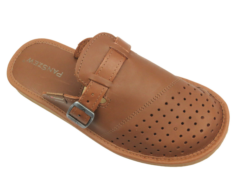 Klapki Męskie ze Skóry Naturalnej PanSzew, brązowe - wsuwane