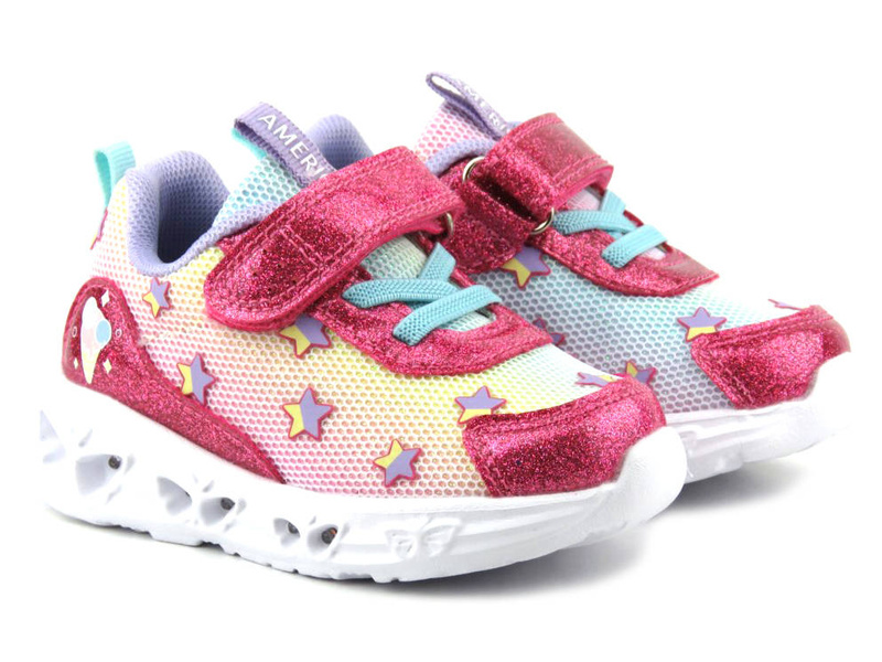 Buty dziecięce sportowe ze świecącą podeszwą - American Club ES134/23, ciemnoróżowe