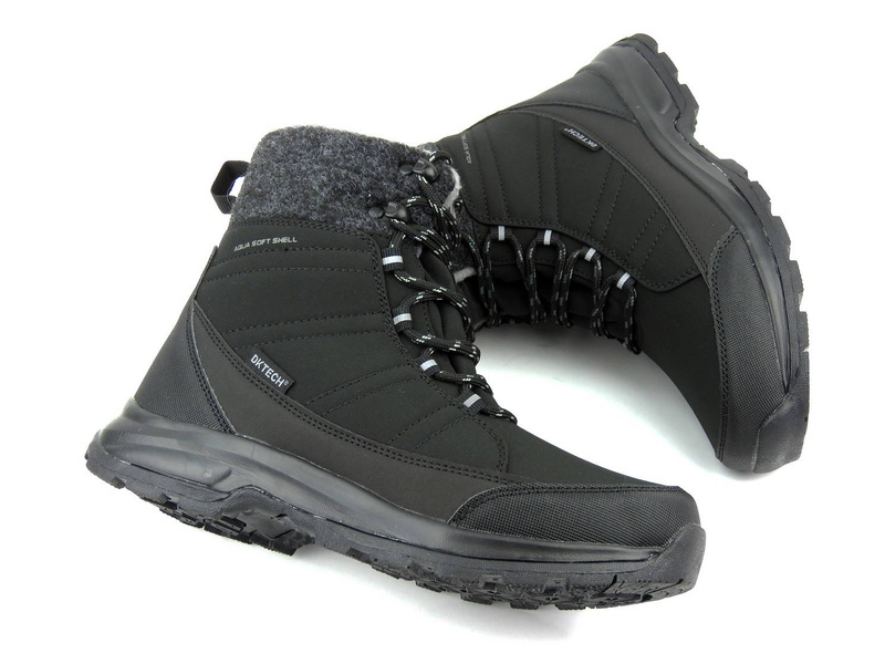 Śniegowce, buty zimowe damskie z materiałem Softshell - DK TECH 2104, czarno-szare