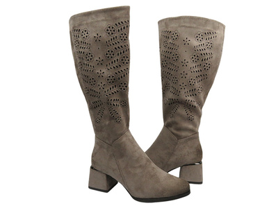 Ażurowe botki na delikatnym obcasie khaki Potocki 24-12506