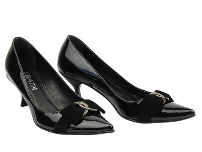 Skórzane czółenka na obcasie czarne EBATA 0587.84