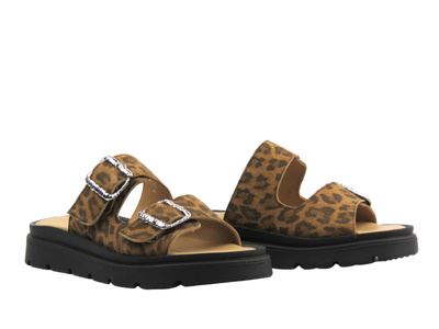 Skórzane klapki damskie z regulowanymi paskami brązowe w panterkę HELIOS Komfort 158,