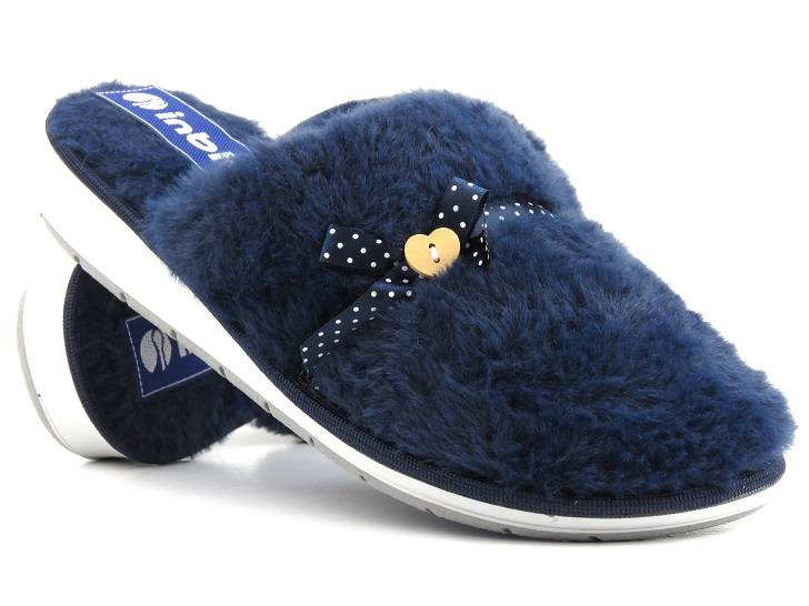 Futerkowe, miękkie kapcie damskie z kokardką - INBLU LB-91, granatowe