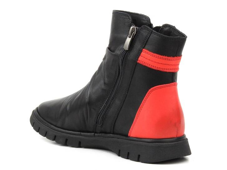 Botki damskie z dwoma suwakami - MANITU 990164-04, czarne z czerwonymi dodatkami