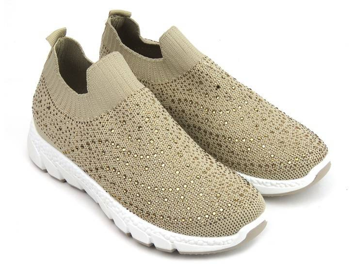 Materiałowe buty damskie sportowe z cekinami - Skotnicki 0592, beżowe