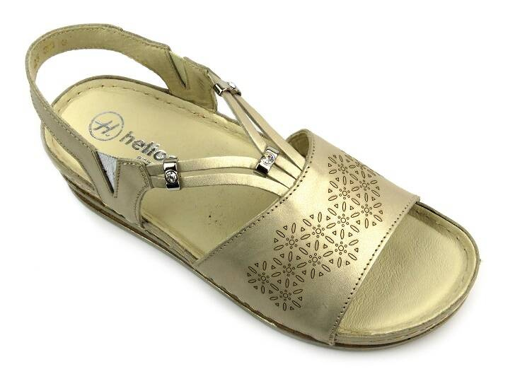 Skórzane sandały damskie na delikatnym koturnie - HELIOS Komfort 125, złote