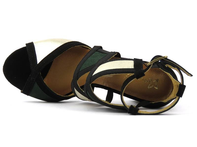 Eleganckie sandały damskie na słupku - MACIEJKA 05181-09, czarne z zielenią i złotem