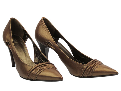 Skórzane czółenka damskie na szpilce - Eksbut 17-0648, brązowe