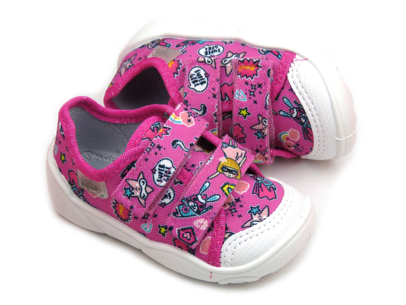 Kapcie, buty dziecięce na rzepy - Befado 907P148, różowe z motywem superbohaterów