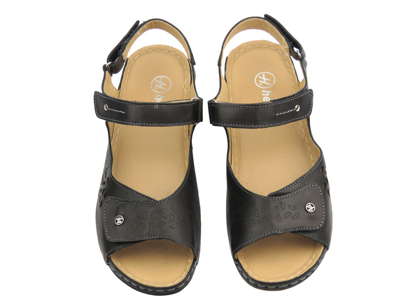 Skórzane sandały damskie na grubej podeszwie - Helios Komfort 266-2, czarne