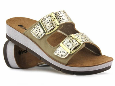 Klapki damskie z panterką - INBLU CP-10, beżowo-złote