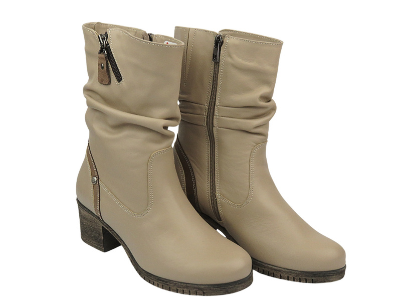Wygodne, skórzane botki damskie na klocku - Galant Z23-4, beżowe PL