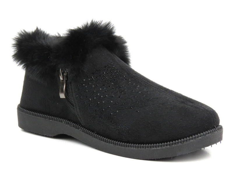 Kapcie damskie z futerkiem - Progress PT-1, czarne