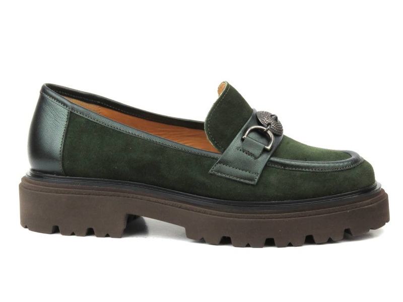 Półbuty, loafersy damskie na platformie - UNCOME 37158, zielone