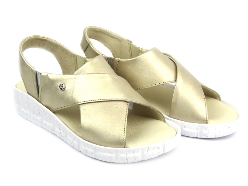 Skórzane sandały damskie na platformie - HELIOS Komfort 132, złote