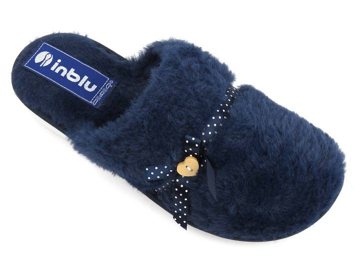 Futerkowe, miękkie kapcie damskie z kokardką - INBLU LB-91, granatowe