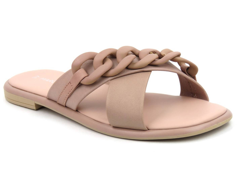 Skórzane klapki damskie z łańcuchem - MARCO TOZZI 27121, różowe