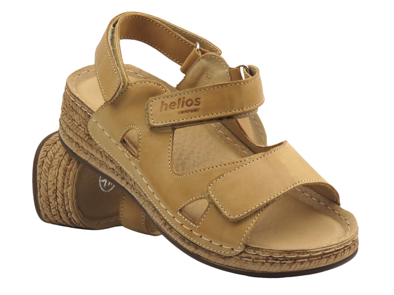 Skórzane sandały damskie na rzepy - Helios 138, jasnobrązowe