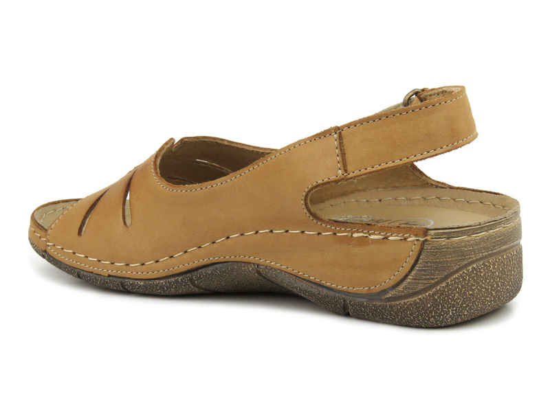 Skórzane sandały damskie na rzep - HELIOS Komfort 117, jasnobrązowe