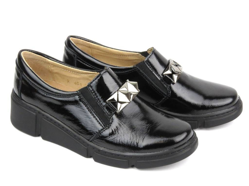 Skórzane półbuty damskie lakierowane - HELIOS Komfort 404-2, czarne