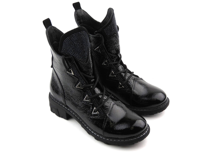 Bogato zdobione botki damskie lakierowane - VENEZIA 018419095, czarne