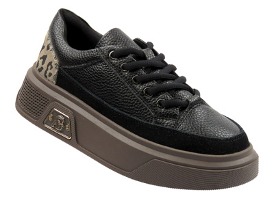 Skórzane sneakersy damskie na platformie - Cambell 25-19343, czarne