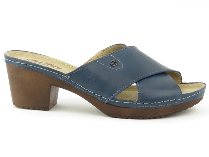 Skórzane klapki damskie na obcasie - HELIOS KOMFORT 224, granatowe