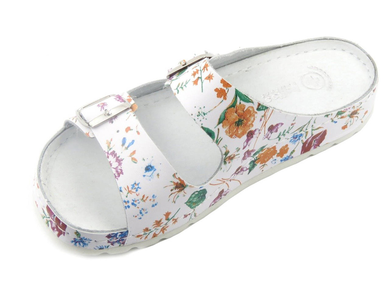 Skórzane klapki damskie lekarskie - HELIOS Komfort 288, białe z kwiatkami