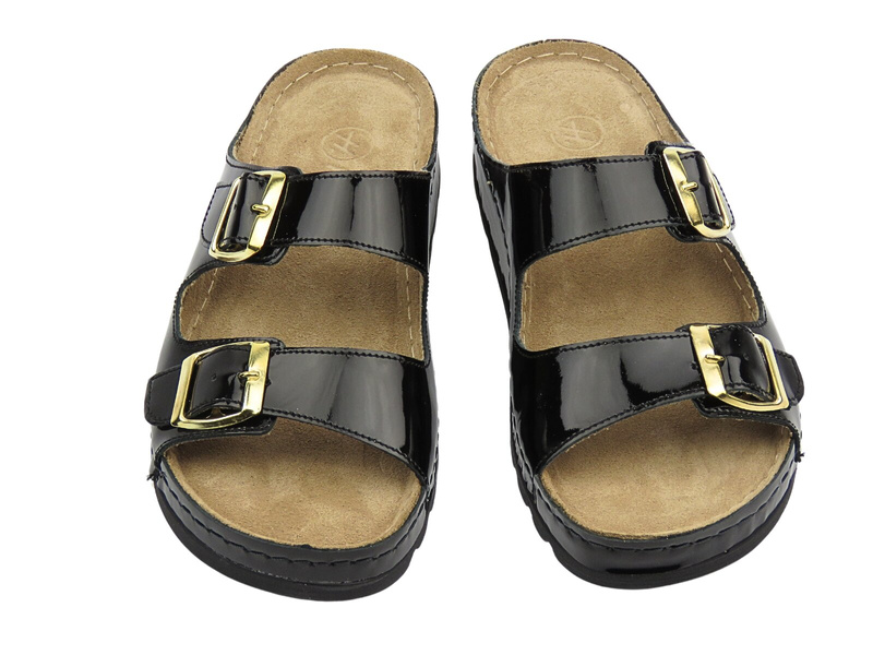 Skórzane klapki damskie z regulowanymi paskami - HELIOS Komfort 288-1, czarne