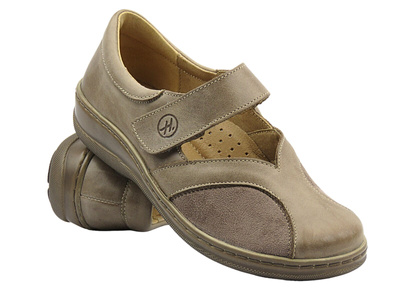 Skórzane półbuty damskie na rzep - HELIOS Komfort 425S, beżowe