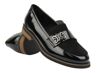 Eleganckie półbuty, mokasyny damskie - Potocki 25-12570, czarne lakierowane