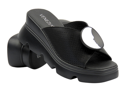 Klapki damskie czarne na koturnie - VENEZIA G145LEBLOBK006