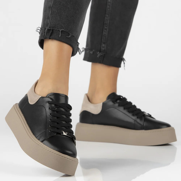 Skórzane sneakersy damskie na platformie-Filippo DP6119/24, czarno-beżowe
