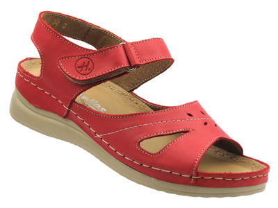 Skórzane sandały damskie na rzep czerwone Helios Komfort 142