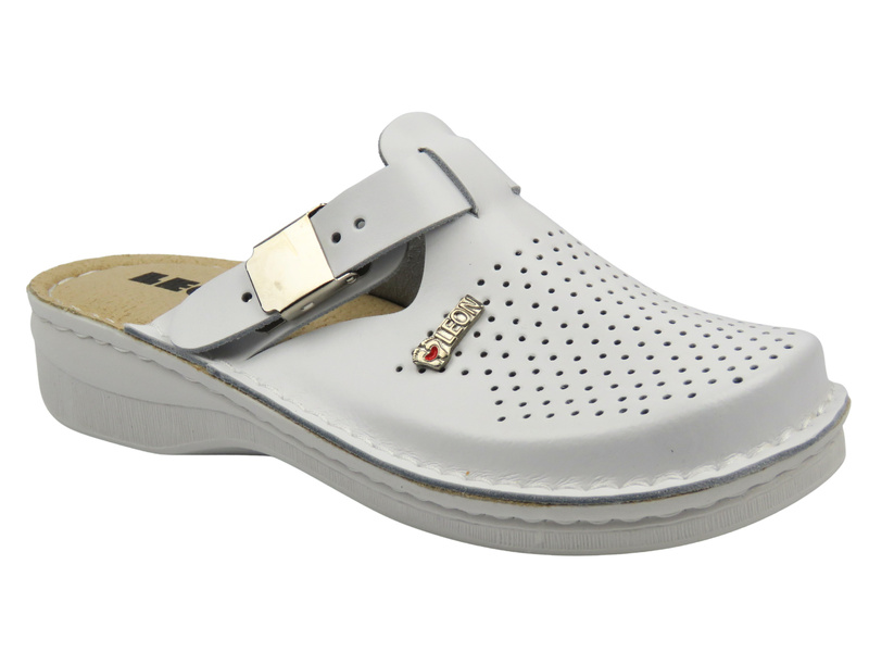 Skórzane klapki damskie z regulowanym paskiem białe Leon V260