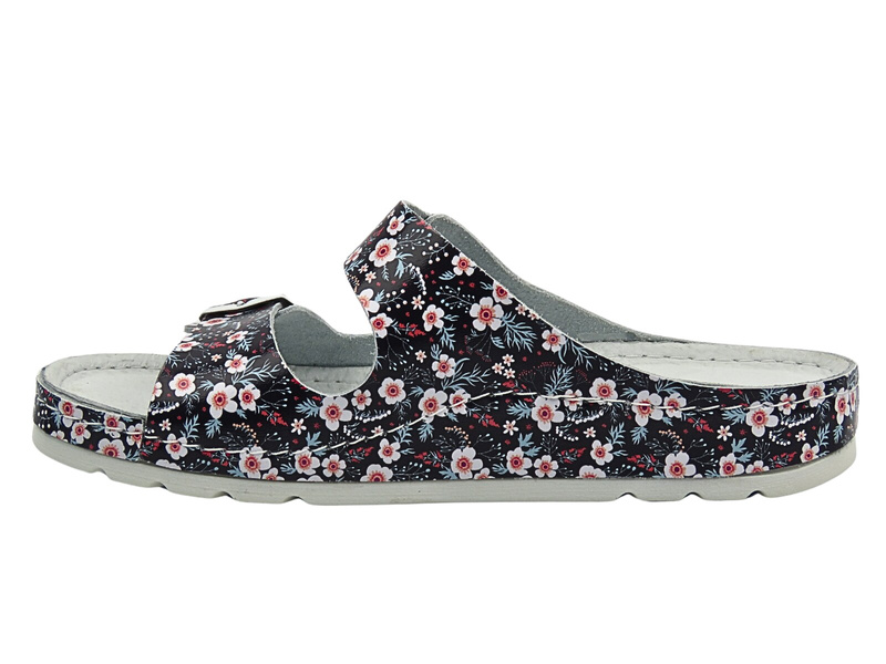 Wygodne klapki damskie lekarskie, sanitarne HELIOS Komfort 288, czarne w kwiaty