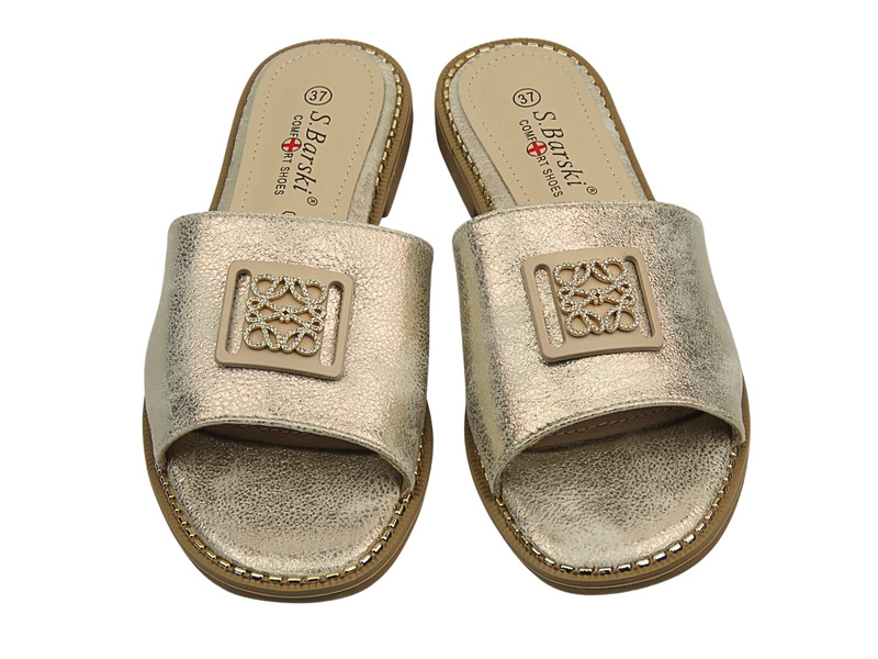 Klapki damskie - S. Barski KV51-089, złote ozdobna klamra