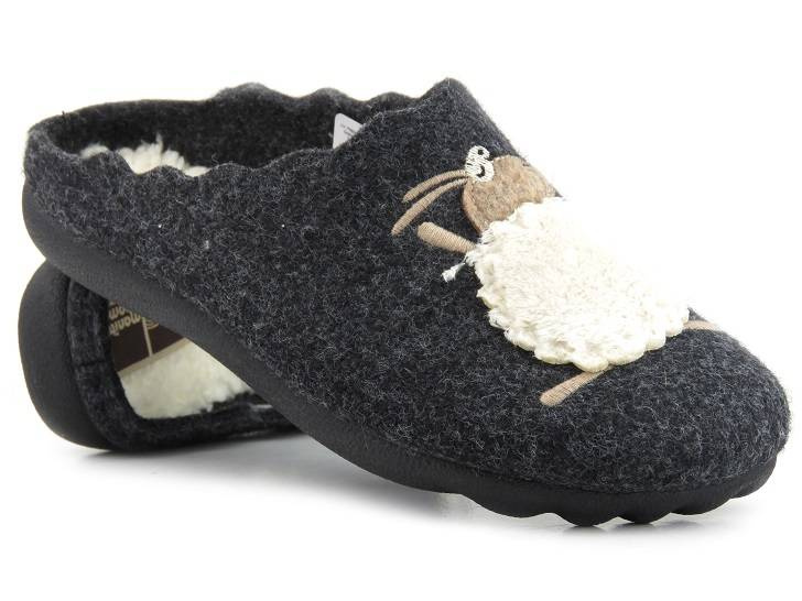Filcowe kapcie damskie z wełną - MANITU 320088-01, czarne z owieczką