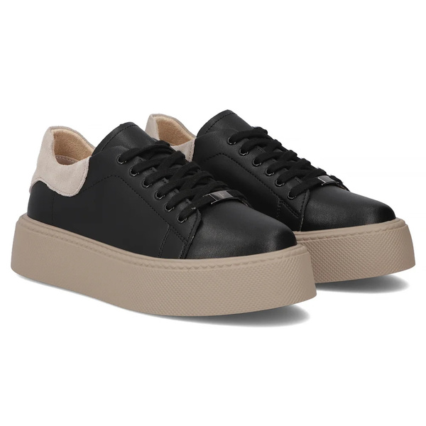 Skórzane sneakersy damskie na platformie-Filippo DP6119/24, czarno-beżowe