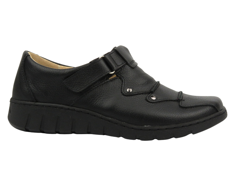 Skórzane półbuty damskie zapinane na rzep - Helios Komfort 780-2S, czarne