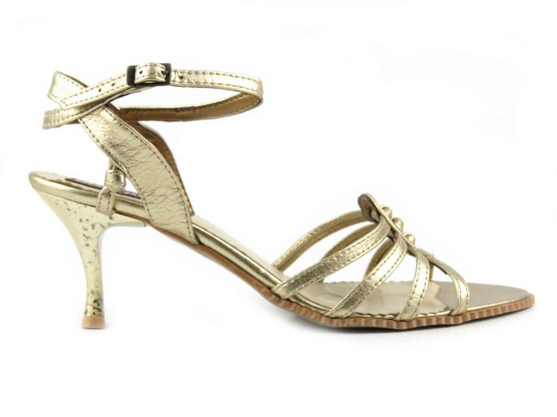 Skórzane sandały damskie na szpilce - Bratbut S-1, złote