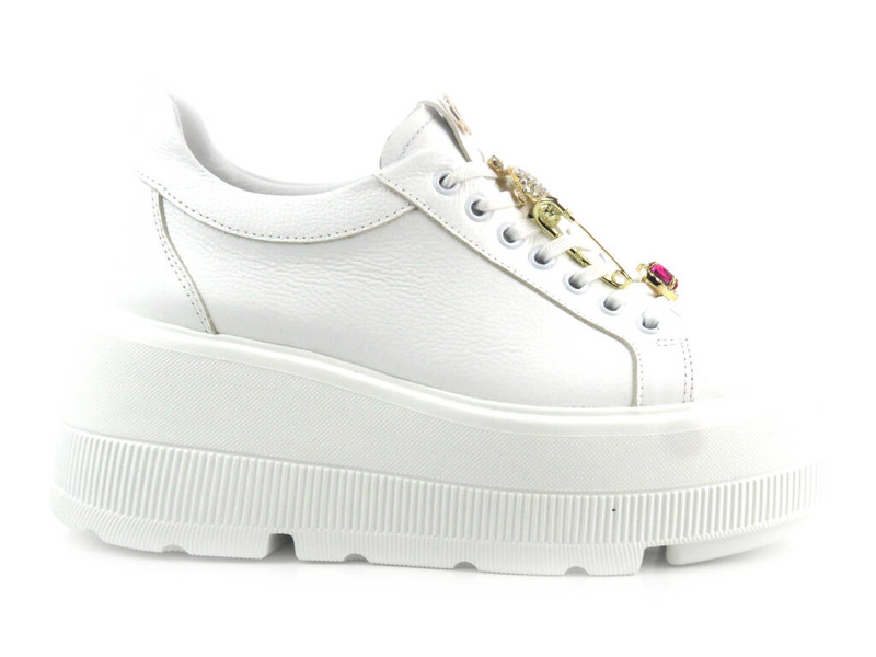 Skórzane buty damskie na platformie - Carinii B9376, białe