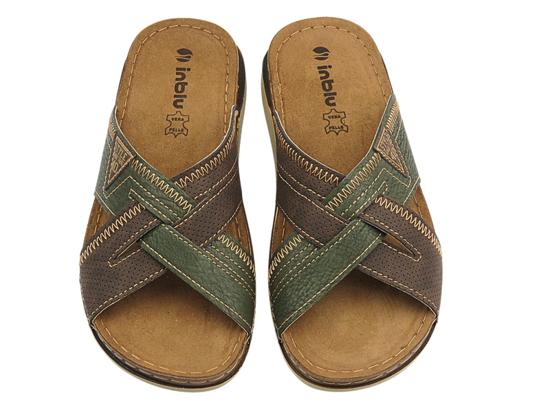 Wygodne klapki męskie z miękkiej skóry INBLU VI-11, brązowo-zielone