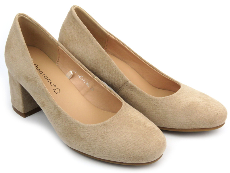 Eleganckie buty damskie na klocku - Potocki 24-12340, beżowe