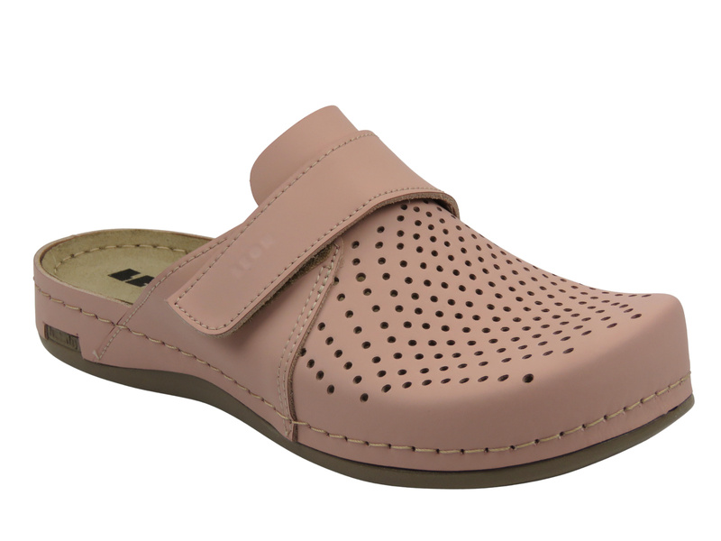 Skórzane, ażurowe klapki damskie różowe Leon 970