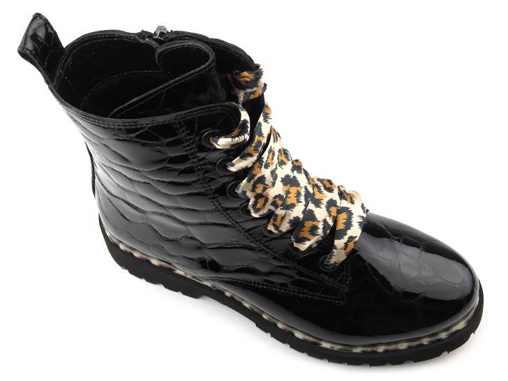 Lakierowane botki, trapery damskie z panterką - PIAZZA 960035-01, czarne